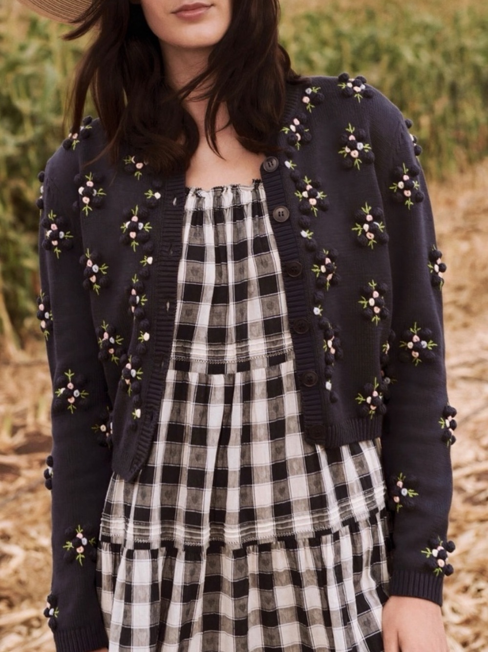 THE GREAT. Petal Bobble Navy Embroidered Floral Cardigan